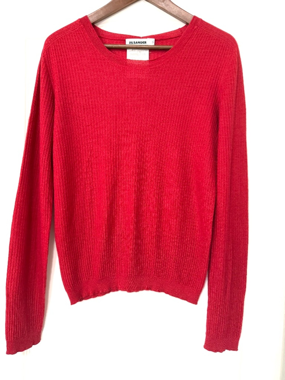 Jil Sander Cashmere Silk Pointelle Ribbed Knit Sweater Red EU 38 US 6 M